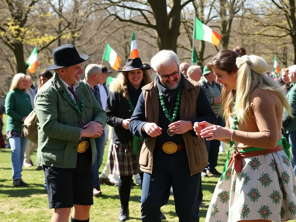 A community event at FEST'IRLANDE, showcasing people of all ages and backgrounds participating in traditional Irish games and activities. Laughter and camaraderie fill the air as participants bond over shared experiences and cultural traditions.