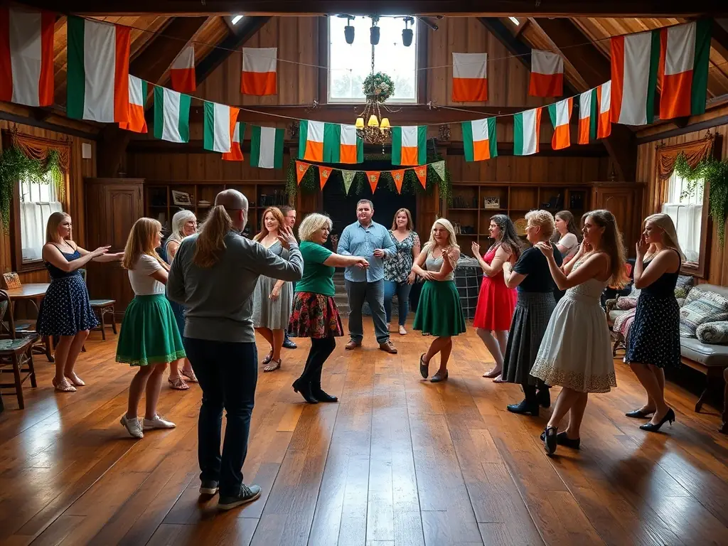 A group of participants engaged in a cultural workshop, learning traditional Irish dance steps from an experienced instructor. The setting is a rustic hall adorned with Irish flags and decorations, creating an immersive cultural experience.