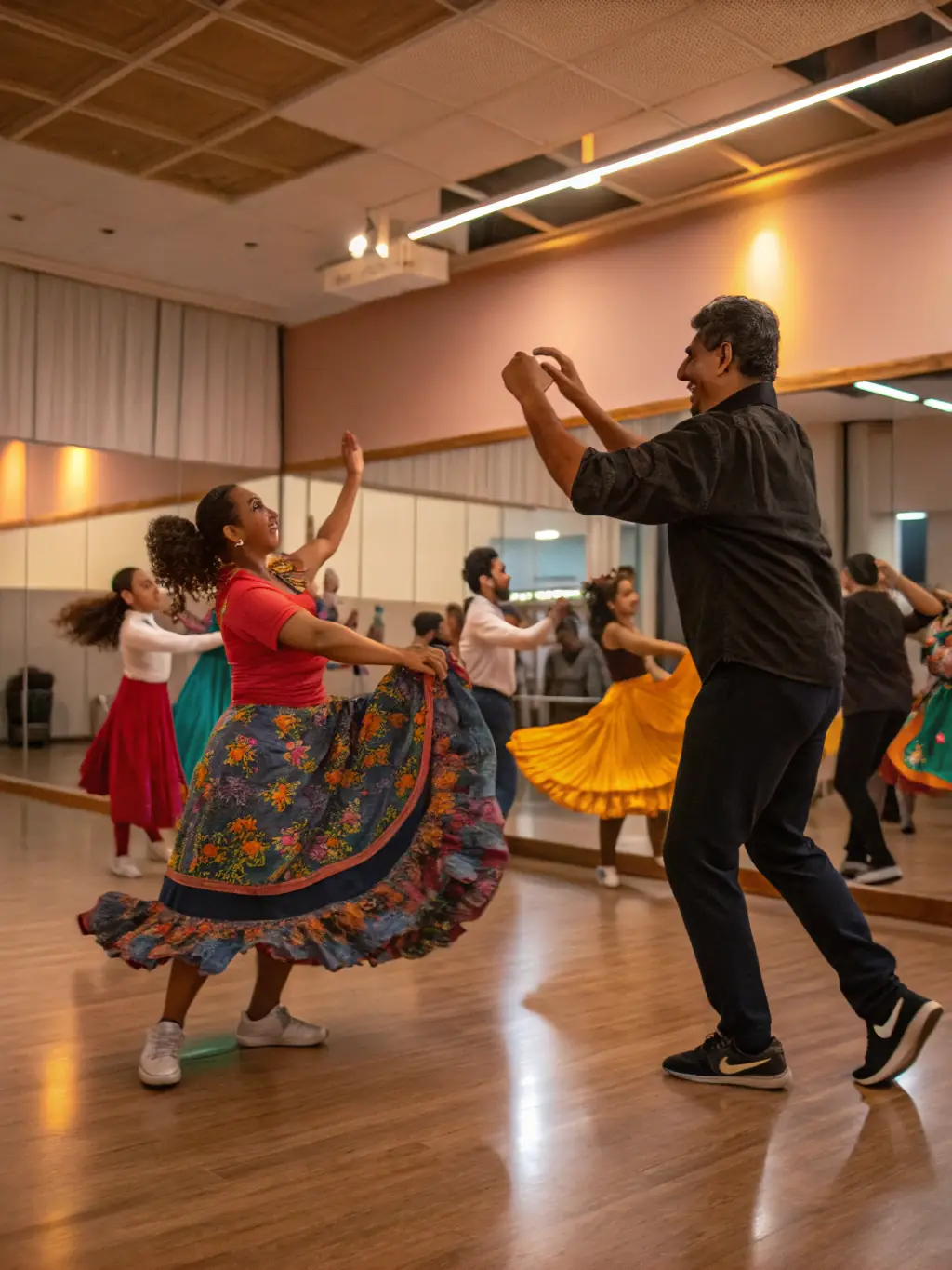 A vibrant image of a group of people participating in an Irish dance workshop at FEST'IRLANDE, showcasing the energy and community spirit of the event.